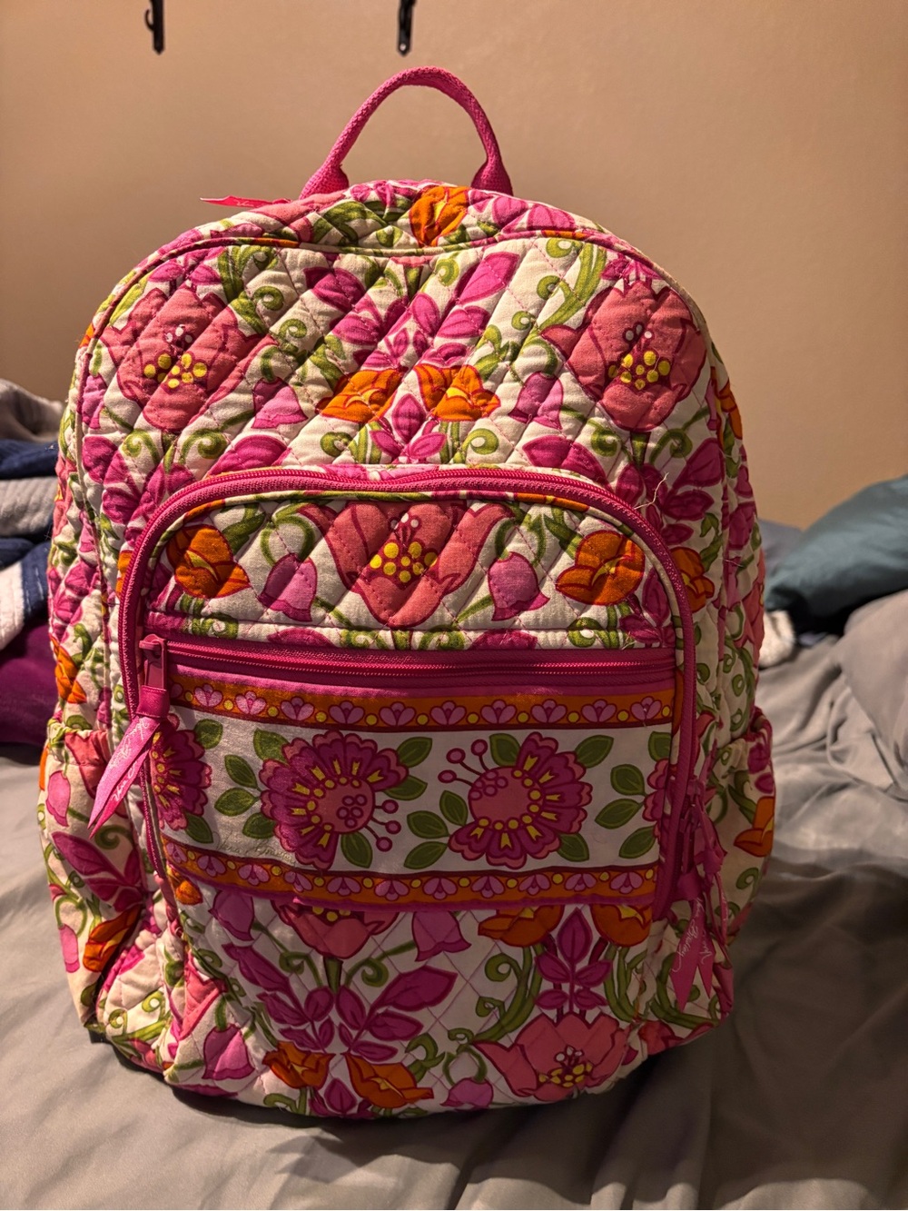 Vera Bradley Pink Quilted Floral Backpack with Orange & Green Accents